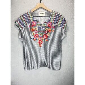 Savanna Jane Striped Embroidered Floral Boho Top Size Small
